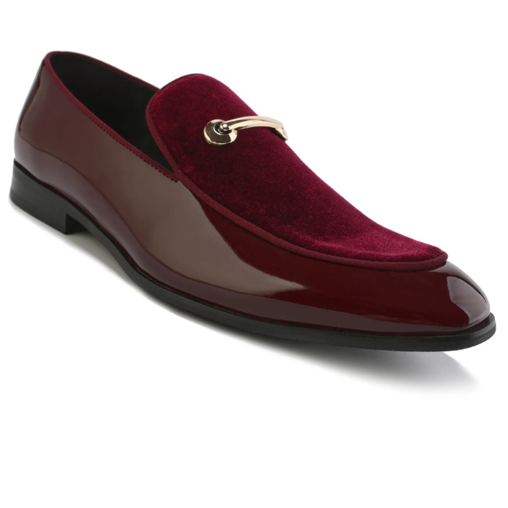 Men's Burgundy Velvet & Patent Slip-On Loafers with Gold Bit